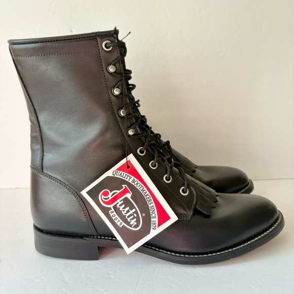 Justin Boots Black Leather Mens Combat Keltie Lace Up Boots EXTRA WIDE WIDTH - Picture 1 of 8